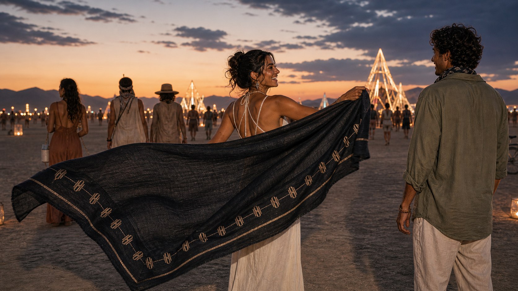 Moon Wrap extended in the desert wind at an evening art gathering