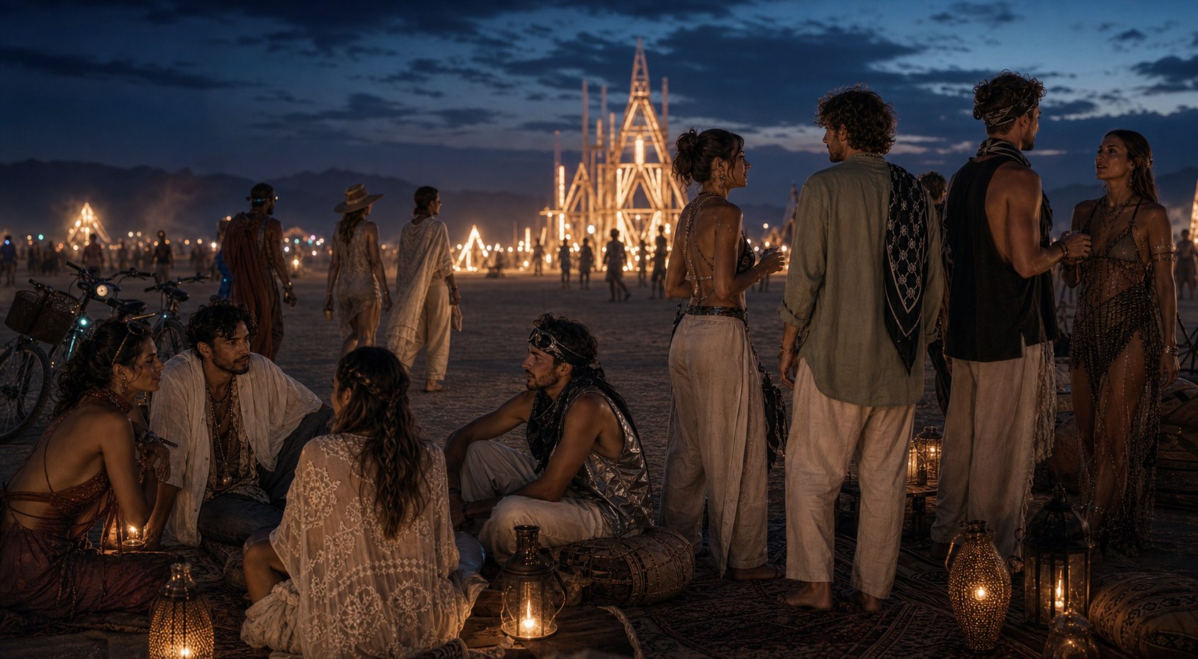 Guests gathered around an illuminated desert art installation at night
