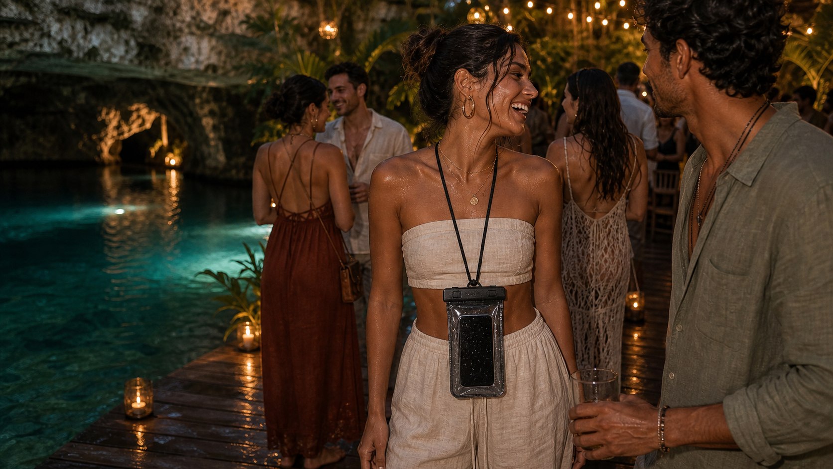 Tide Case waterproof phone carrier worn at a candlelit cenote gathering