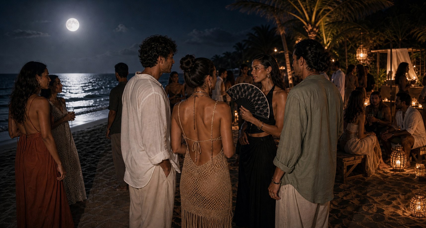 Guests mingling on a moonlit beach with the Midnight Fan