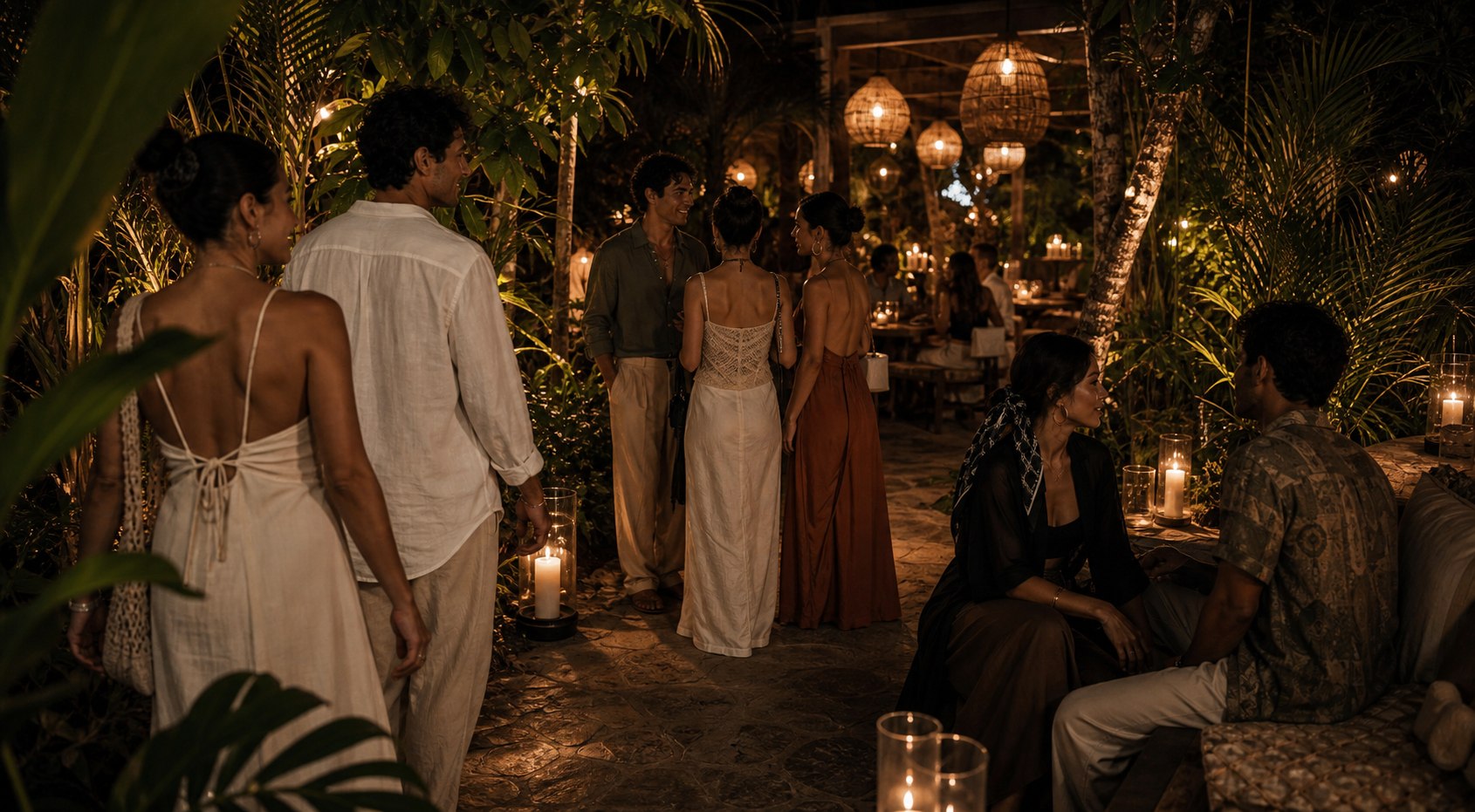 Guests gathering in a candlelit tropical lounge