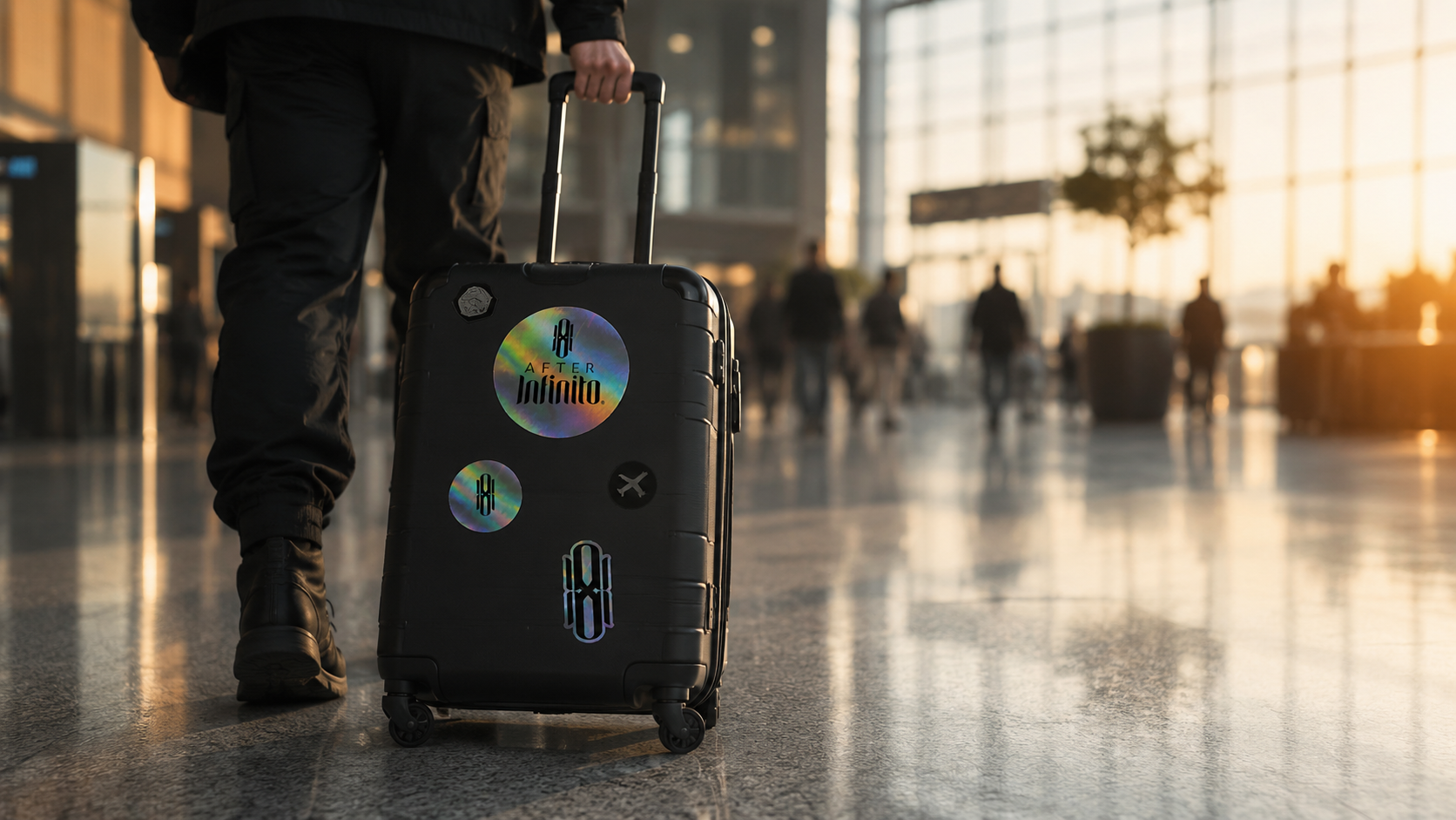 After Infinito holographic stickers on a black suitcase at golden hour