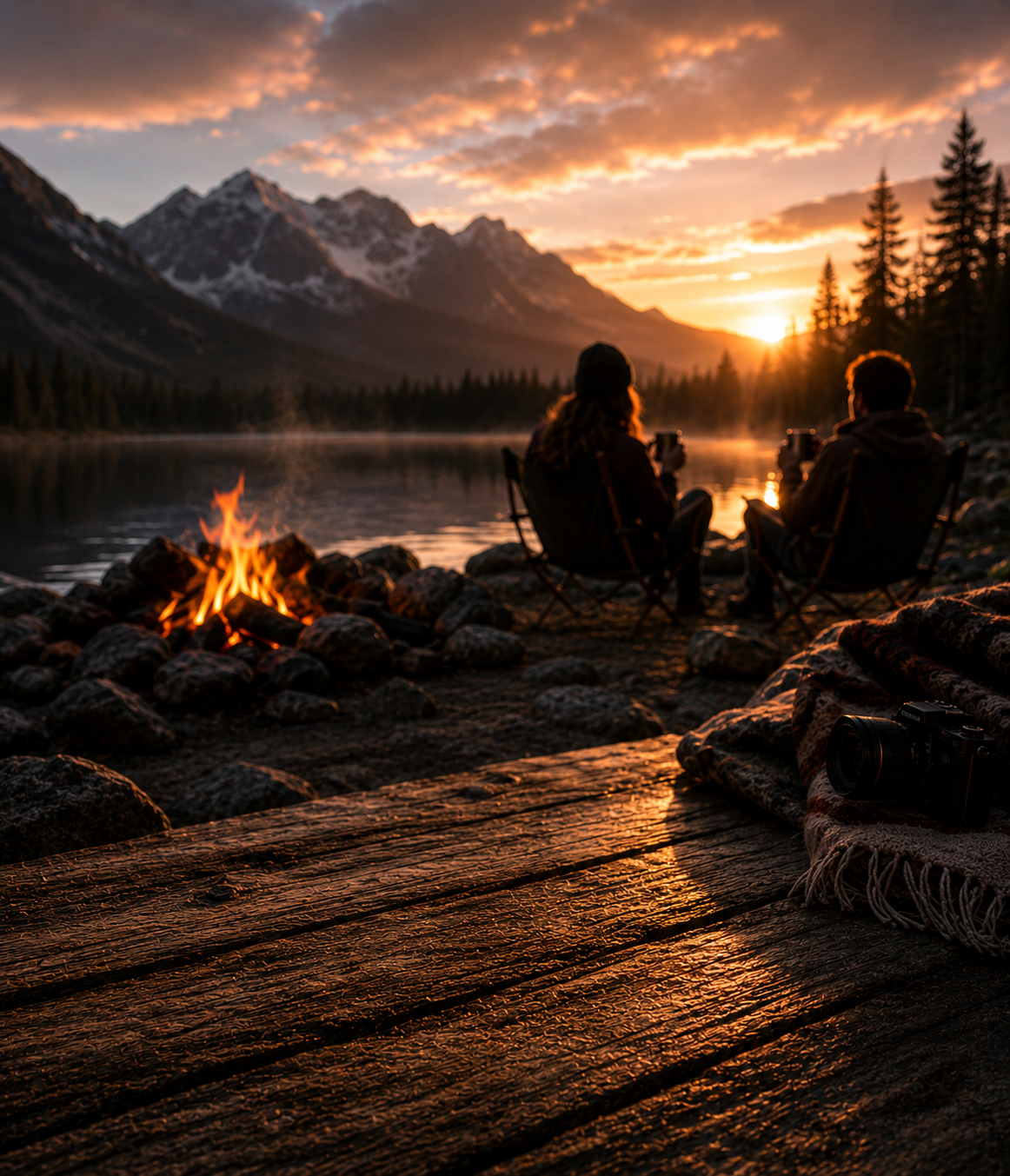 Two people by a campfire at sunrise with the Taza Agarrador